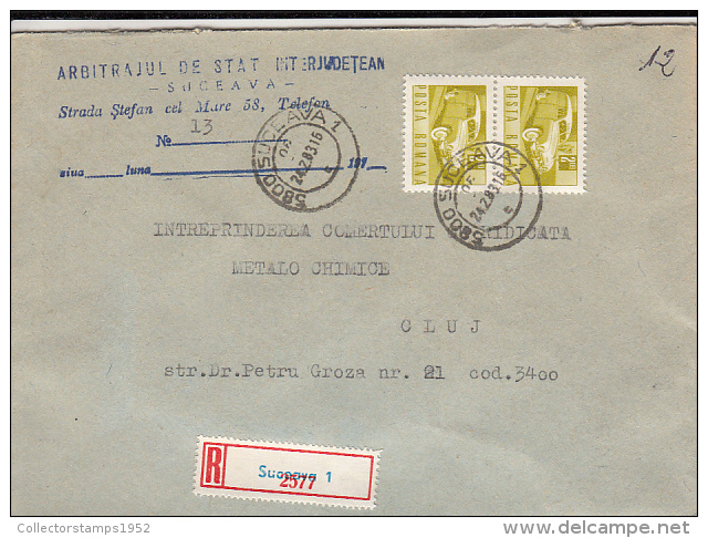 26992- REGISTERED COVER LABEL SUCEAVA 1-2577, STATE ARBITRATION OFFICE, VINTAGE CAR STAMPS, 1983, ROMANIA - Storia Postale