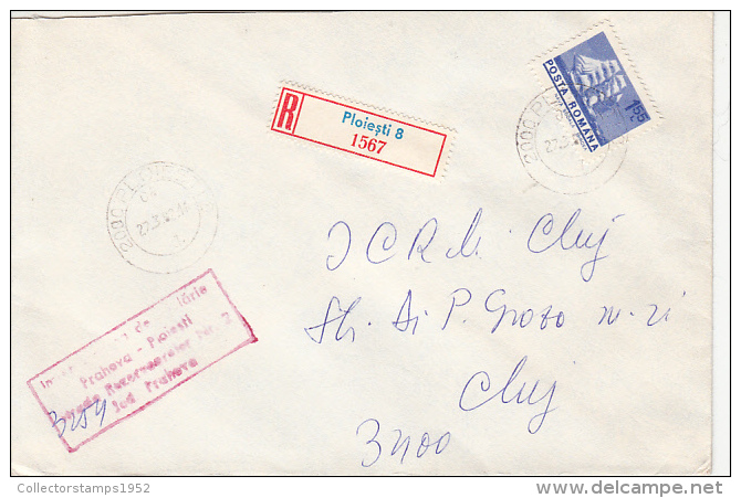 26996- REGISTERED COVER LABEL PLOIESTI 8-1567, GLASS COMPANY, SHIP STAMPS, 1982, ROMANIA - Lettres & Documents