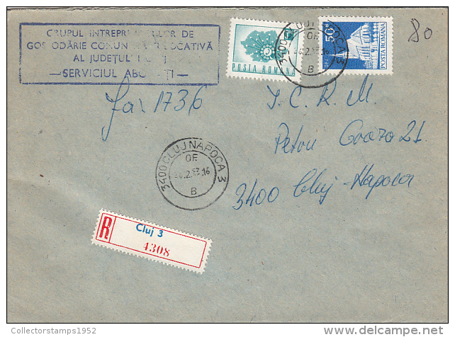 26999- REGISTERED COVER LABEL CLUJ 3-4308, TOWN MANAGEMENT COMPANY, PHONE NETWORK, CHURCH STAMPS, 1983, ROMANIA - Lettres & Documents