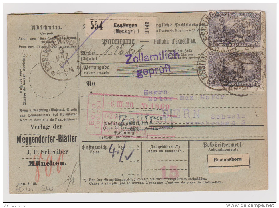 Heimat DE BW ESSLINGEN 1920-03-03 Paketkarte Nach Bern CH - Lettres & Documents