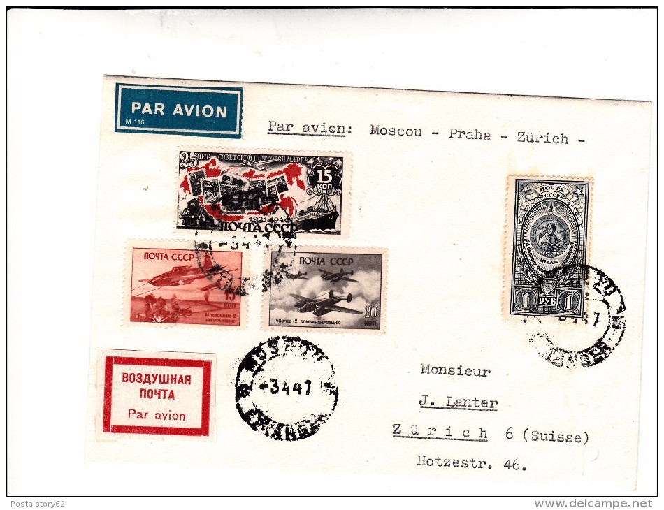 Mosca To Zurigo. Cover Par Avion 1947 - Storia Postale