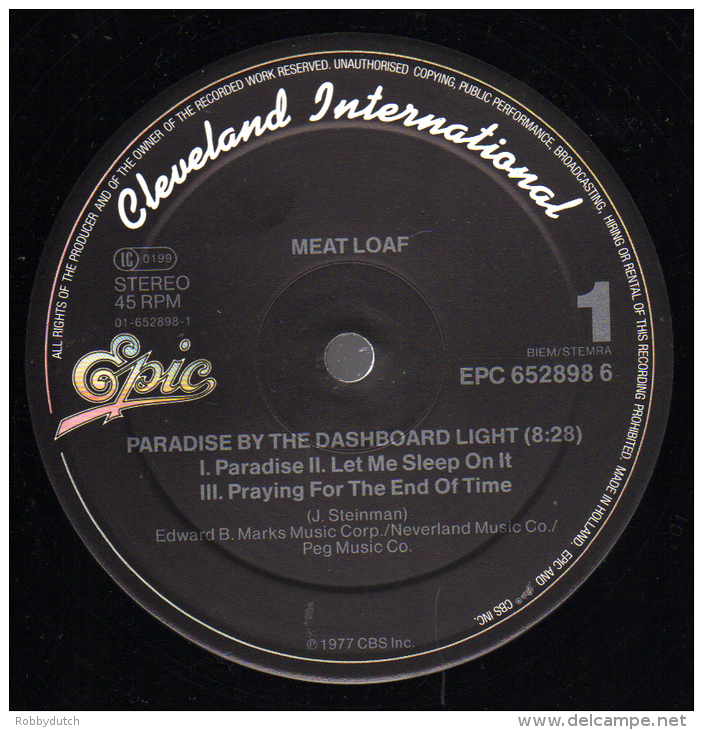 * 12" Maxi *  PARADISE BY THE DASHBOARD LIGHT - MEAT LOAF (Holland 1988 EX-!!!) - 45 Toeren - Maxi-Single