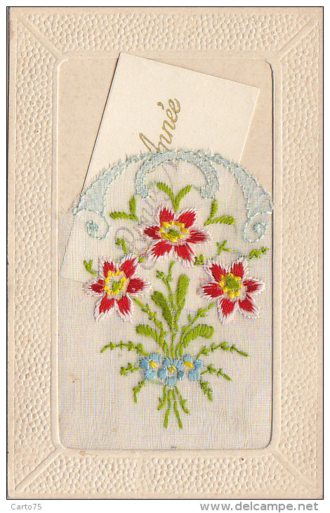 Matériaux - Carte  Brodée Fleurs - Carte Mignonette Bonne Année - Villeperdue 37 - Autres & Non Classés