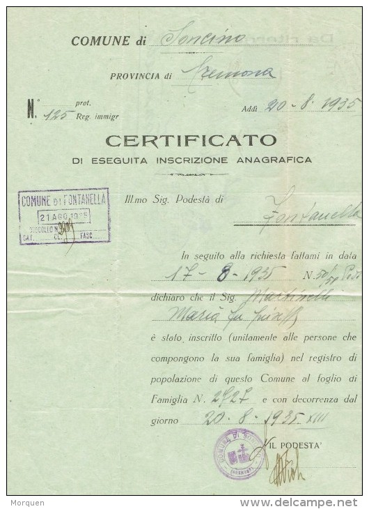 14497. Carta Impresos SONCINO (Cremona) 1935. Certificado Empadronamiento - Storia Postale