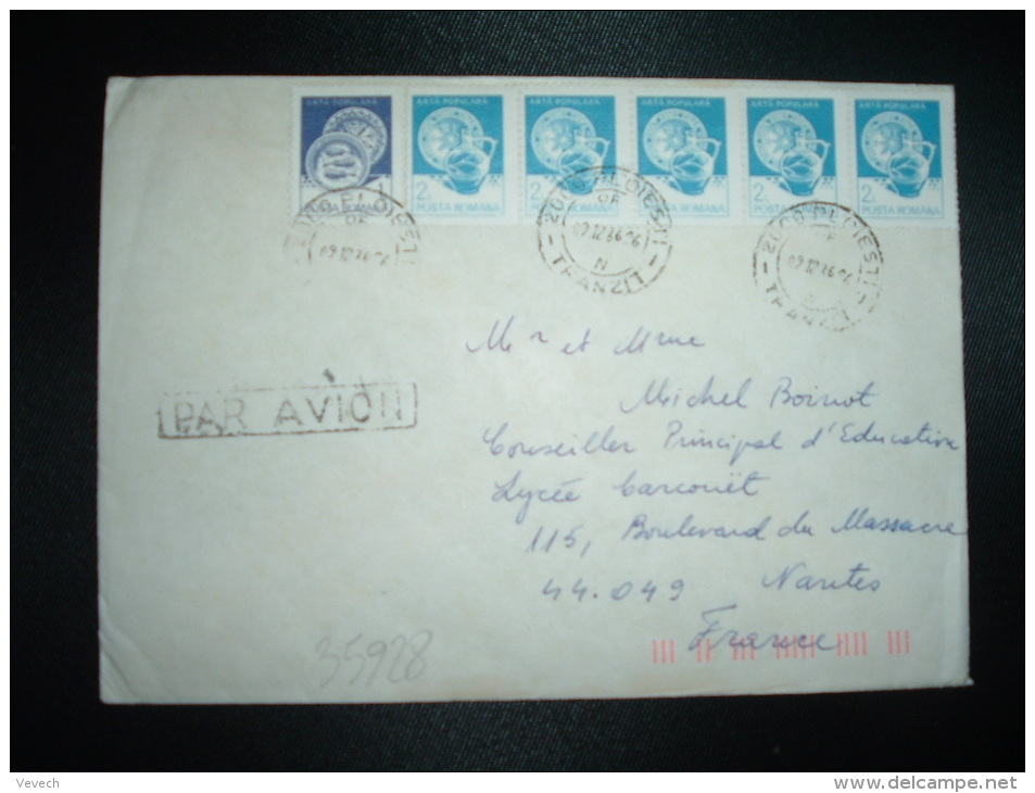 LETTRE PAR AVION POUR LA FRANCE TP ARTA POPULARA 2L X5 + TP 1L OBL.09-12-86 PLOIESTI - Storia Postale