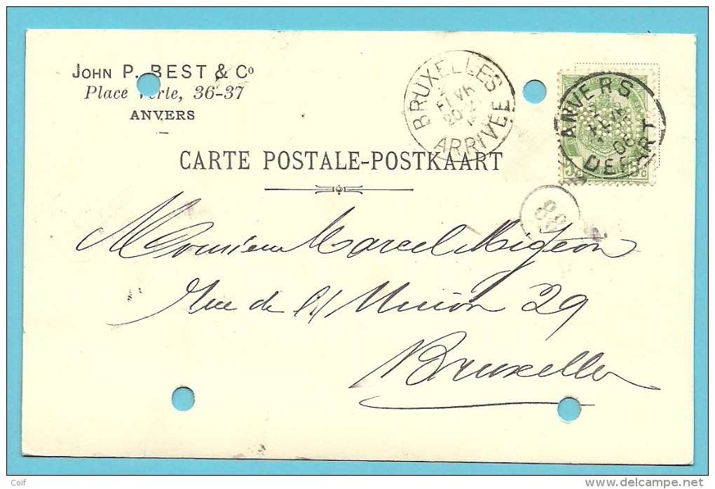 56 Op Kaart Met Stempel ANVERS Met Firmaperforatie (perfin) " J P B & C " Van JOHN P. BEST & C° - 1863-09