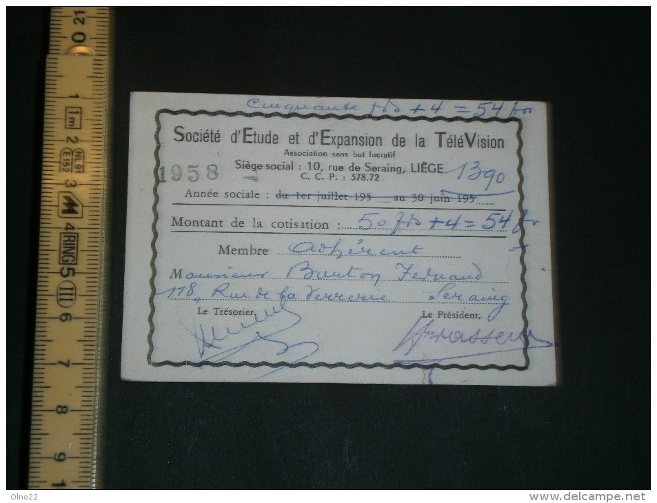 Carte Membre De La SOCIETE D'ETUDE ET D'EXPANSION DE LA TELEVISION - BURTON Fernand, Seraing, 1958 - Non Classés