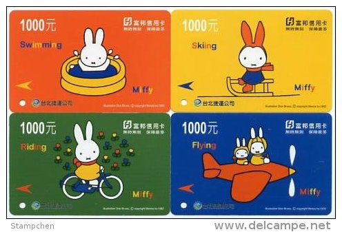 Set Of 4 Miffy Cartoon Early Taipei Rapid Transit Train Ticket MRT Cycling Plane Sledge Swimming Rabbit - Mondo