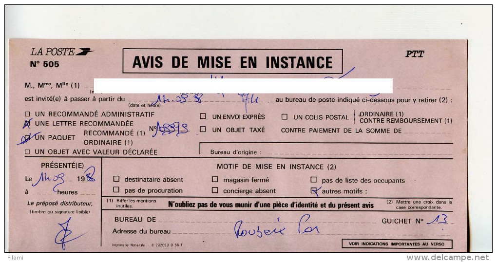PTT,carte La Poste No505 Avis De Mis En Instance Lettre Recommandée, Roubaix Le 14.9.1988 - Post
