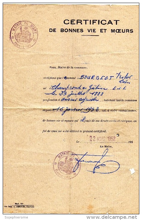 Digny (28-Eure-et-Loir) Certificat De Bonnes Vie Et Moeurs 1952 Bourgeot Victor Léon Né à Champrond-en-Gâtine - Diplômes & Bulletins Scolaires