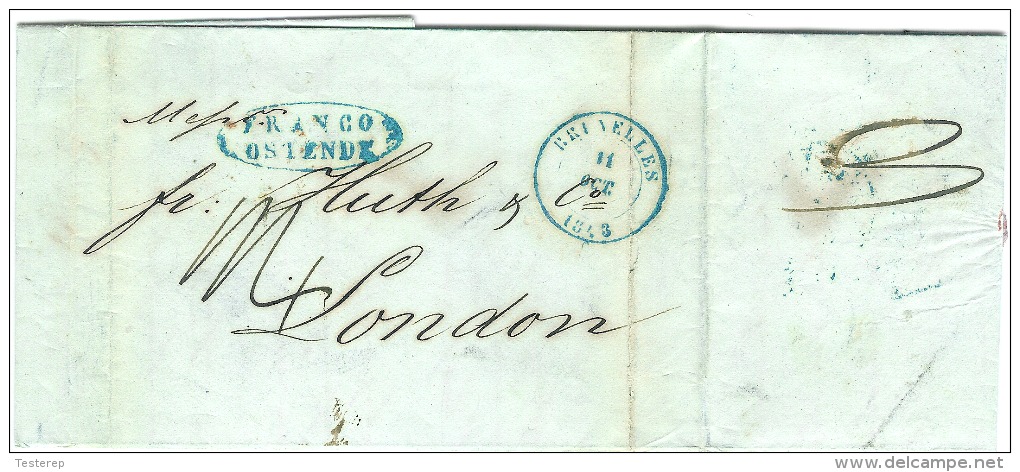 Bureau Frontière  FRANCO OSTENDE  Brux. 11 Oct 1843 Vers London 14 Oct. - 1830-1849 (Belgique Indépendante)