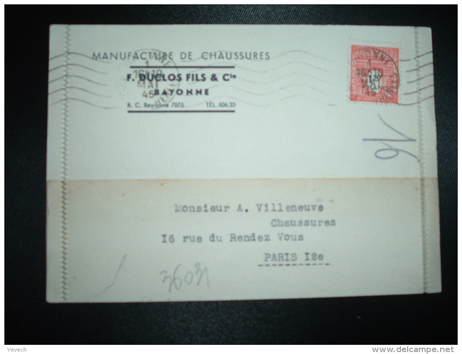 LETTRE (CARTE PLI) TP ARC DE TRIOMPHE 1F50 OBL.MEC.1 MAI 45 BAYONNE (64) MANUFACTURE DE CHAUSSURES F. DUCLOS FILS &amp; - 1944-45 Arc De Triomphe