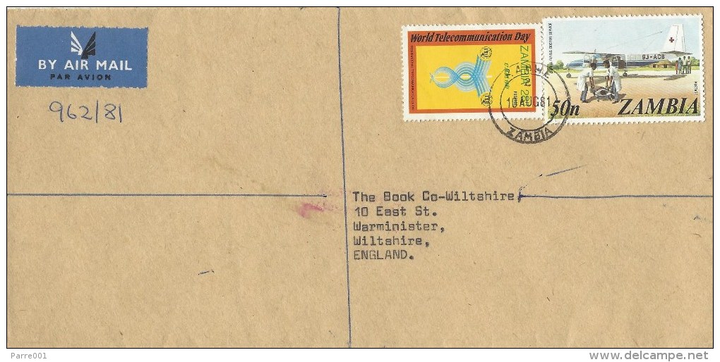 Zambia 1981 Kabwe ITU Telecommunications 28n Red Cross Flying Doctors Barclays Bank Registered Cover - Zambia (1965-...)