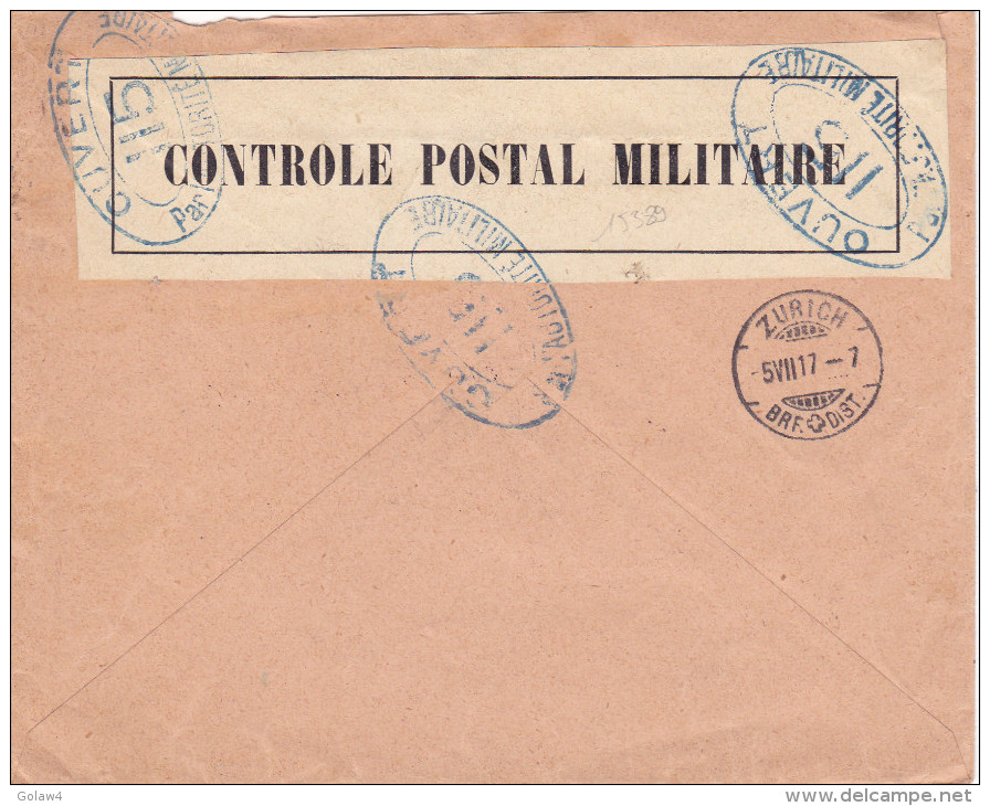 15389# SEMEUSE PERFORE CL PERFIN LETTRE CENSURE CONTROLE POSTAL MILITAIRE Obl PARIS 1917 ZURICH SUISSE SWITZERLAND - 1877-1920: Semi-Moderne