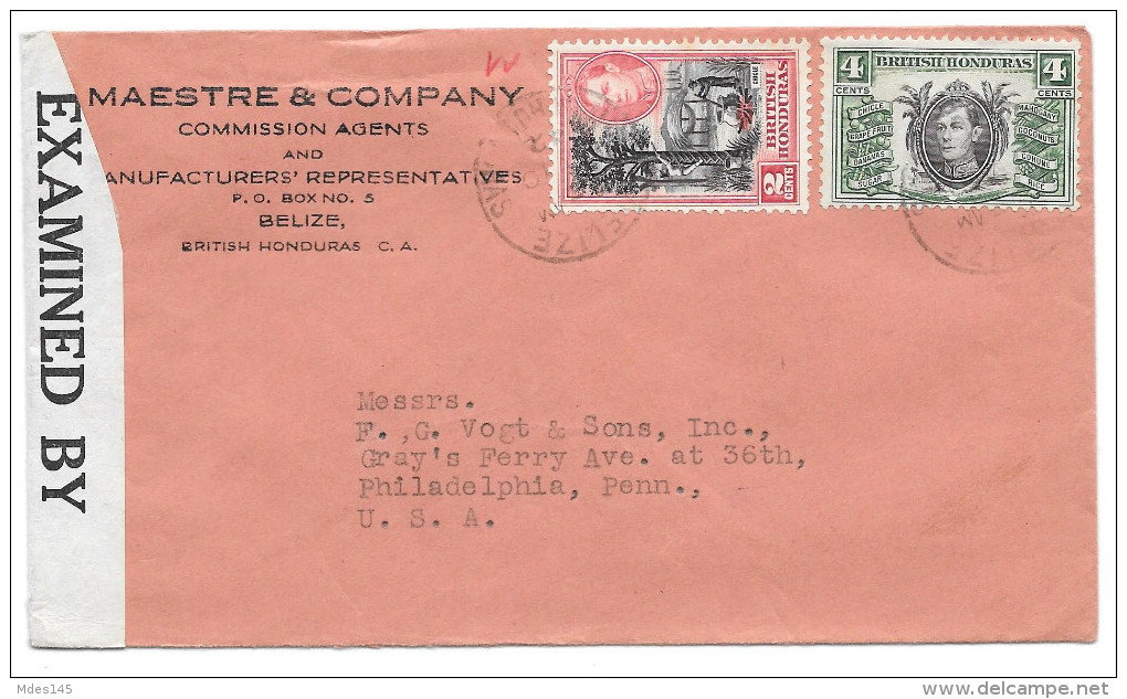 British Honduras Censored Commercial Cover Belize To US 1942 WWII Sc 116 118 - America (Other)