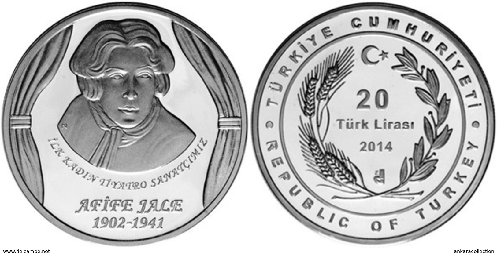 AC - AFIFE JALE - STAGE ACTRESS FIRST MUSLIM ACTRESS COMMEMORATIVE SILVER COIN  TURKEY 2014 PROOF UNCIRCULATED - Turkey