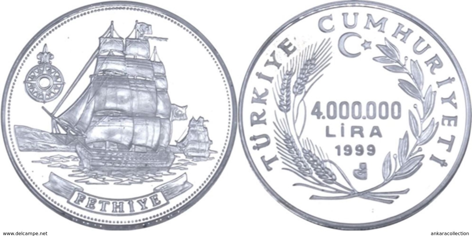 AC - FETHIYE GALLEON - SHIP COMMEMORATIVE SILVER COIN TURKEY 1999 UNCIRCULATED PROOF - Turchia