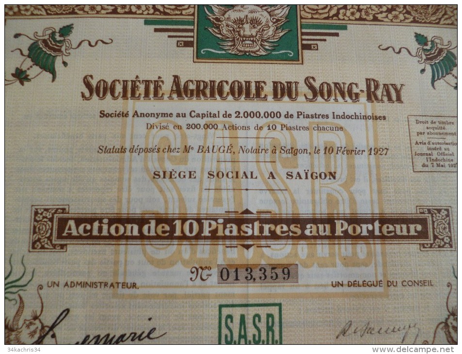 Action 1927 Illustrée Saïgon. Société Agricole Du Song Ray Thème Agriculture. 10 Piastres - Asien