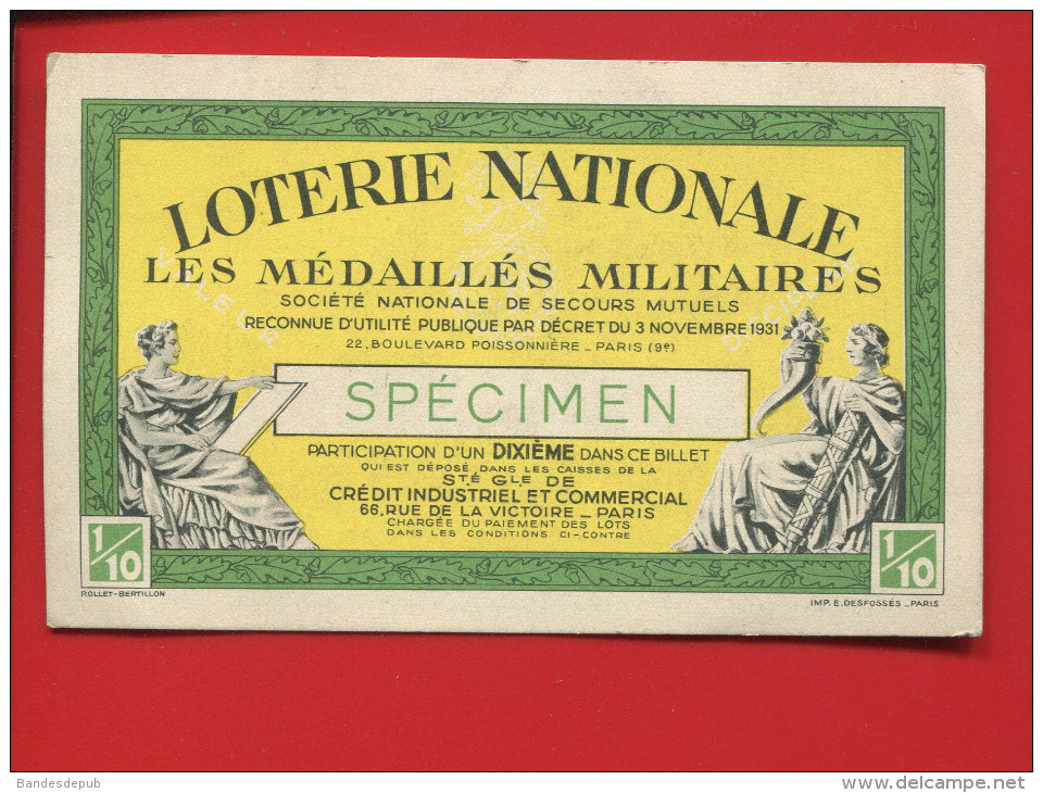 CALENDRIER BILLET DE LOTERIE NATIONALE 1939 SPECIMEN MEDAILLES MILITAIRES ROLLET BERTILLON - Petit Format : 1921-40