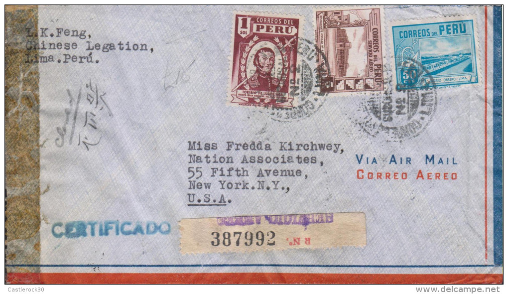 G)1943 PERU, CIRC. LIMA CANC., TORIBIO DE LUZURIAGA-GOVERNMENT RESTAURANT AT CALLAO-WORKERS HOUSES, CERTIFICATED AIRMAIL - Peru