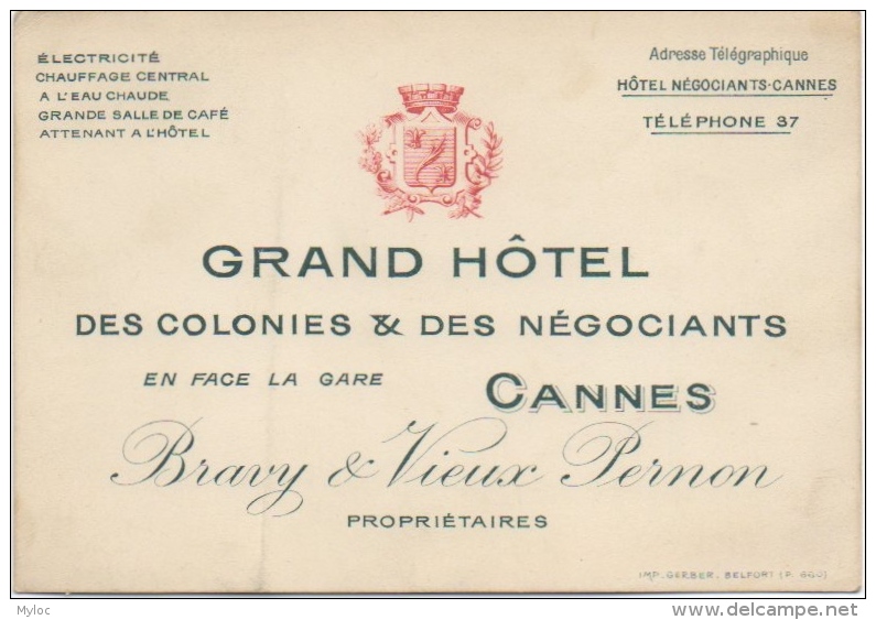 Carte Publicité/Note D'Hôtel. Cannes. Grand Hôtel Des Colonies &amp; Négociants. - Cartes De Visite