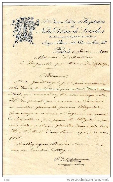 PARIS  SOCIETE IMMOBILLIERE & HOSPITALIERE  DE NOTRE DAME DE LOURDES  -   LETTRE COMMERCIALE 1902 - Sport En Toerisme