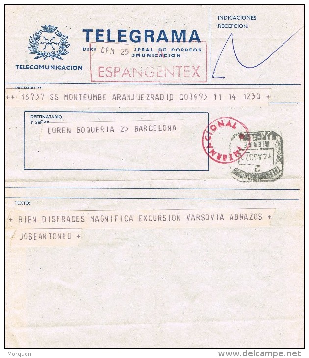 14519. Telegrama  Internacional  Desde Barco SS MONTE UMBE 1971 A Barcelona. Fechador Cierre - Télégraphe