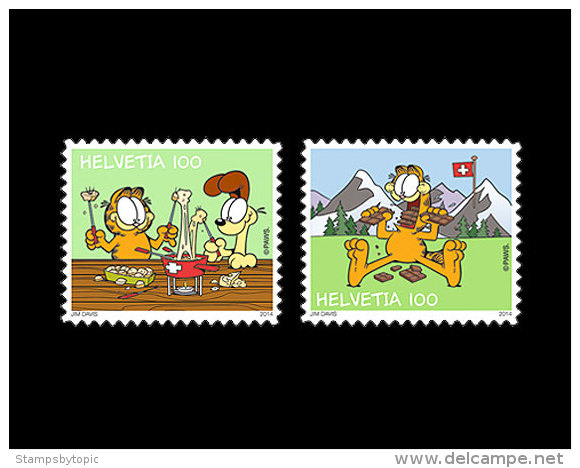 Switzerland 2014 Issue: Garfield 2v Mnh / ** Self Adhesive Comics Cats Chocolate - Neufs