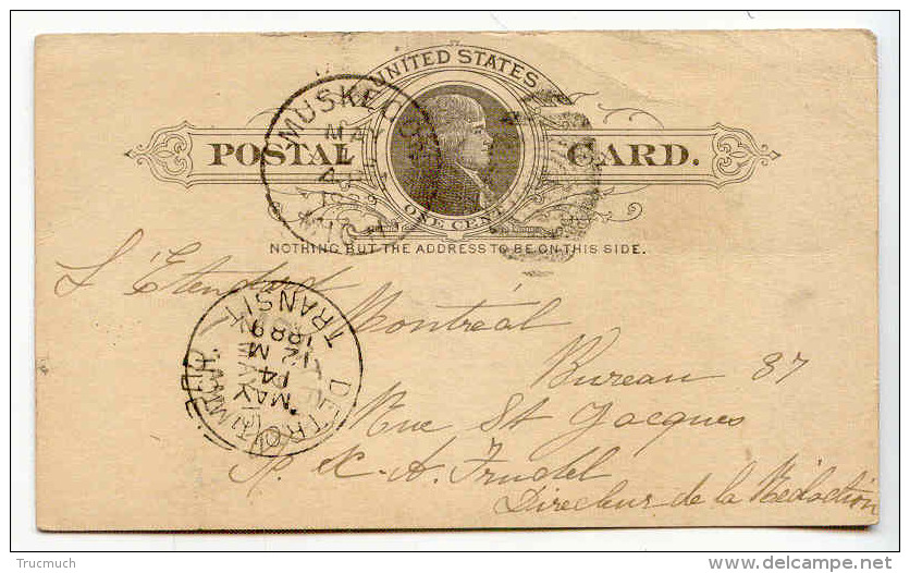 D12664 - Entier Postal 1889 Muskegon Michigan -  DETROIT Transit *May 14 1889* - ...-1900