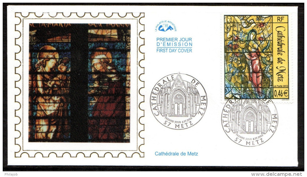 " VITRAIL DE LA CATHEDRALE DE METZ " Sur Enveloppe 1er Jour En Soie De 2002. N° YT 3498. Parfait état. FDC - Glasses & Stained-Glasses