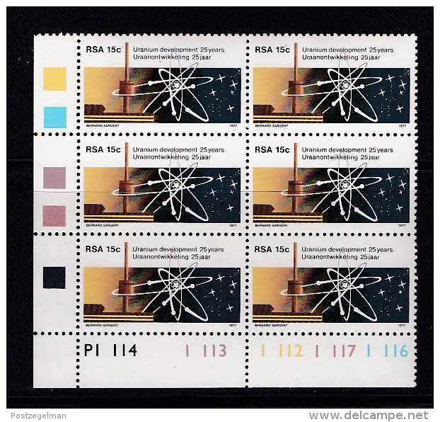 SOUTH AFRICA, 1977, MNH Control Block Of  6, Nuclear Energy,  M 535 - Neufs