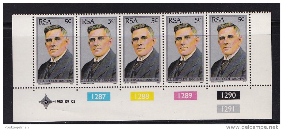 SOUTH AFRICA, 1980, MNH Control Strip Of  5, C.F.L. Leipoldt.,  M 573 - Unused Stamps