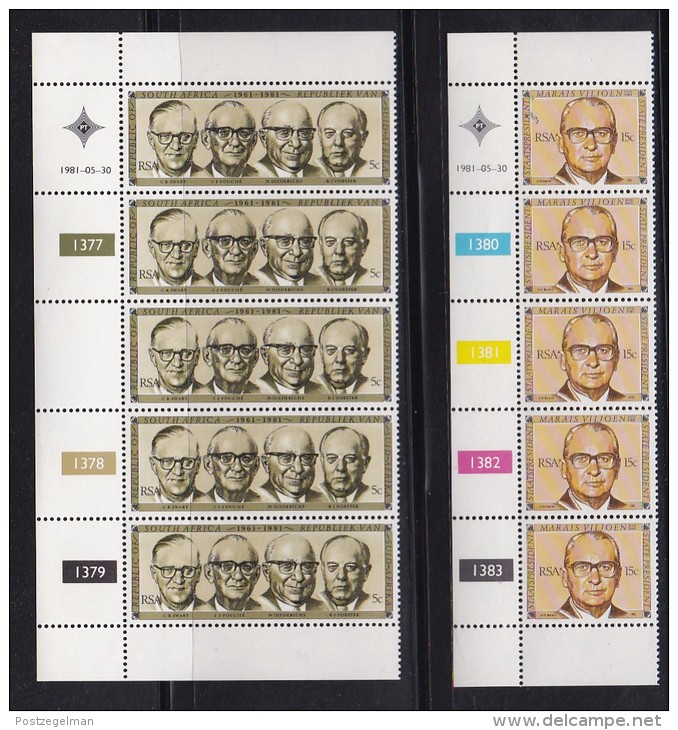 SOUTH AFRICA, 1981, MNH Control Strip Of  5, Republic 20 Years,  M 585-586 - Neufs