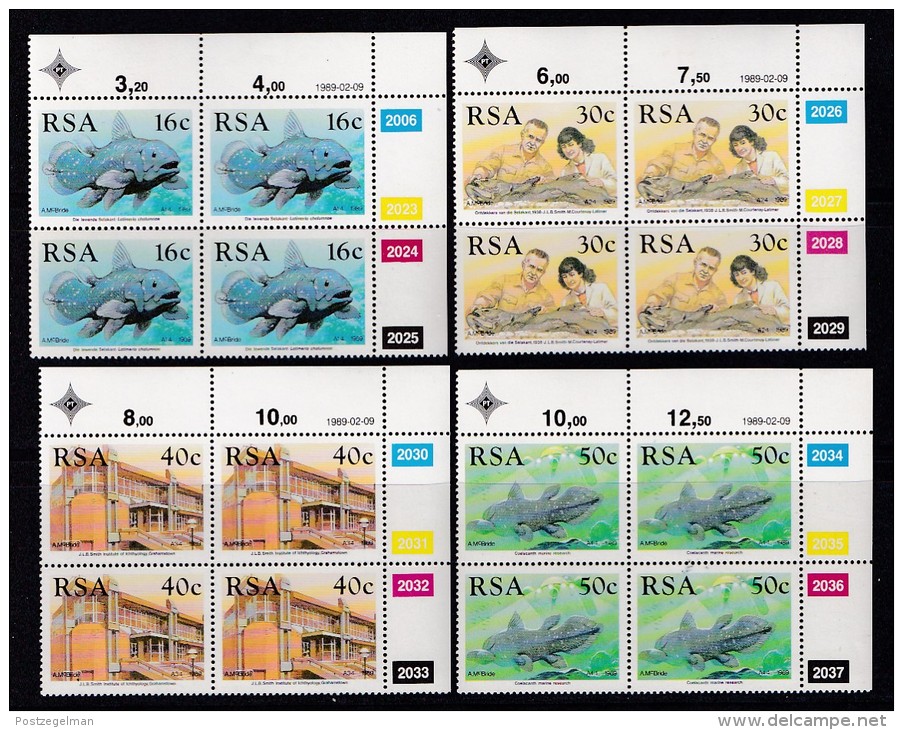 SOUTH AFRICA, 1989, MNH Control Block Of 4, Selakant Fish, M 766-769 - Unused Stamps