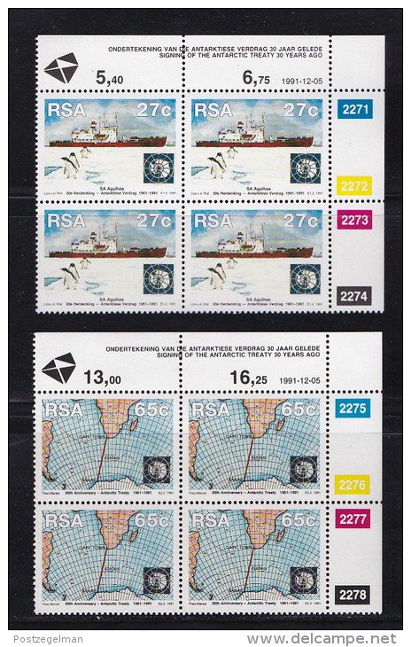 SOUTH AFRICA, 1991, MNH Control Block Of 4, Antarctic Treaty, M 829-830 - Unused Stamps