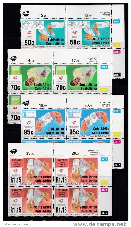 SOUTH AFRICA, 1994, MNH, Control Block Of 4, Stamp Day, Post Delivery, M 940-943 - Neufs