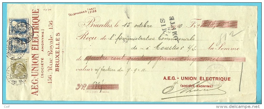75+76 Op Recu Met Stempel BRUXELLES Met Firmaperforatie (perfin) "A.U. " (A.E.G.-UNION ELECTRIQUE) - 1909-34