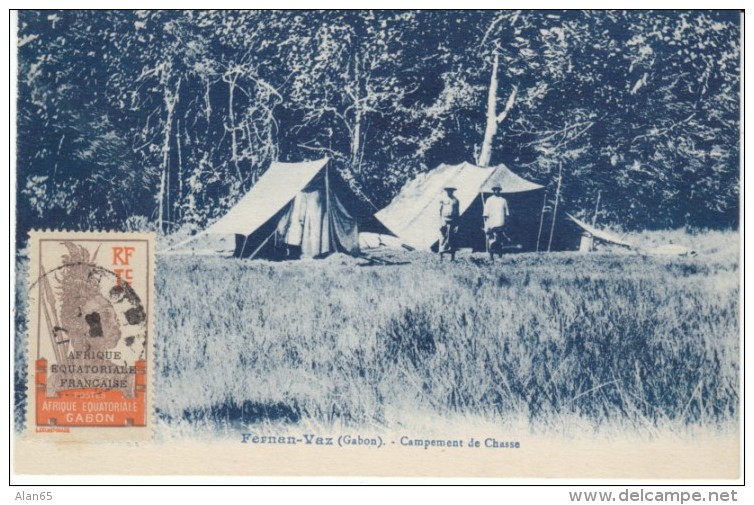 Fernan-Vaz Gabon, Hunting Campsite, French Equatorial Africa Stamp, C1920s Vintage Postcard - Gabon