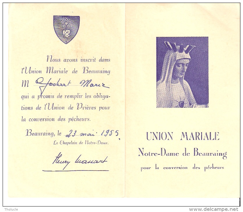 Religion Et Esotérisme-Image Religieuse-Union Mariale Notre-Dame De Beauraing-1955-Chapelain H.Massart-Prière De 1944 - Religion & Esotericism