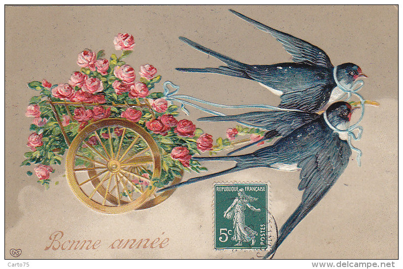 Fantaisies - Carte Gaufrée - Attelage Hirondelles - Roses - Autres & Non Classés