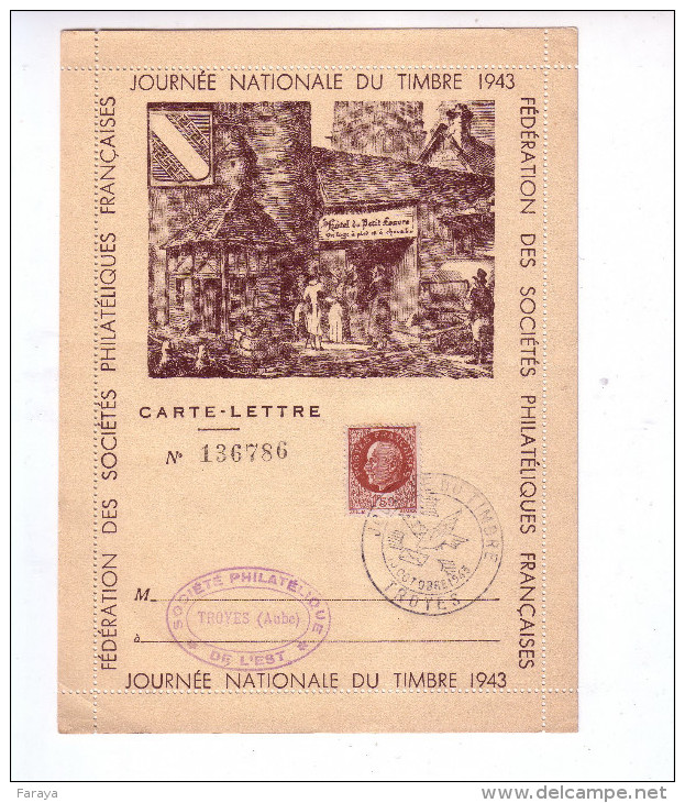 France 1943 Carte-lettre Journée Nationale Du Timbre TROYES - 1921-1960: Moderne