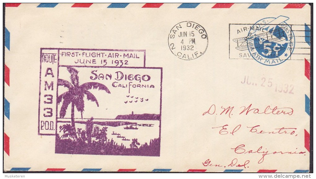 United States Postal Stationery Ganzsache Entier Air Mail First Flight SAN DIEGO 1932 Cover Lettre - 1921-40