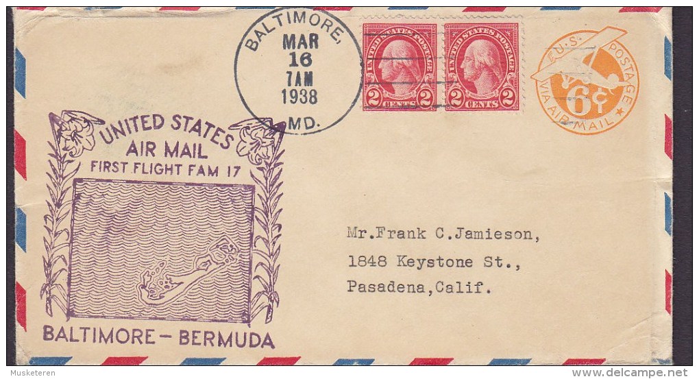 United States Uprated Postal Stationery Ganzsache Entier Air Mail First Flight BALTIMORE - BERMUDA 1938 Cover Lettre - 1921-40