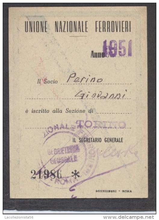 7376-TESSERA U.N.F. UNIONE NAZIONALE FERROVIERI-1951 - Membership Cards