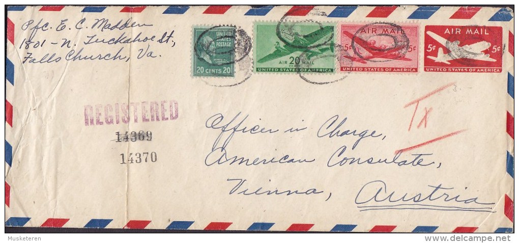 United States Registered Postal Stationery Ganzsache ARLINGTON Virginia 1947 Cover Lettre VIENNA Wien Austria (2 Scans) - Expres & Aangetekend