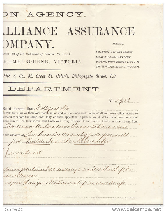 Assurance De 665 £  Eau De Vie Et  2 Navires, Bordeaux -> Londres -> Dunedin 1881 (4 Scans Et Expl.) - Documents Historiques
