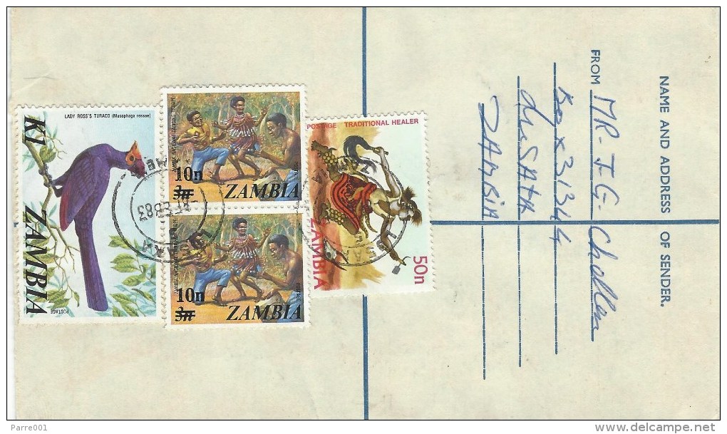 Zambia 1983 Lusaka Traditional Healer Turaco Bird Danse Overprint Registered Postal Stationary Cover - Zambia (1965-...)