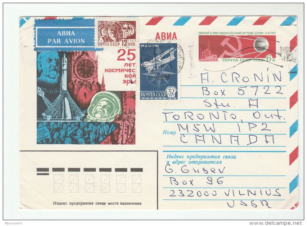 1989 Air Mail RUSSIA Stamps UPRATED 6k SPACE GAGARIN Postal STATIONERY COVER To Canada Stamps Clock Aviation - Russie & URSS
