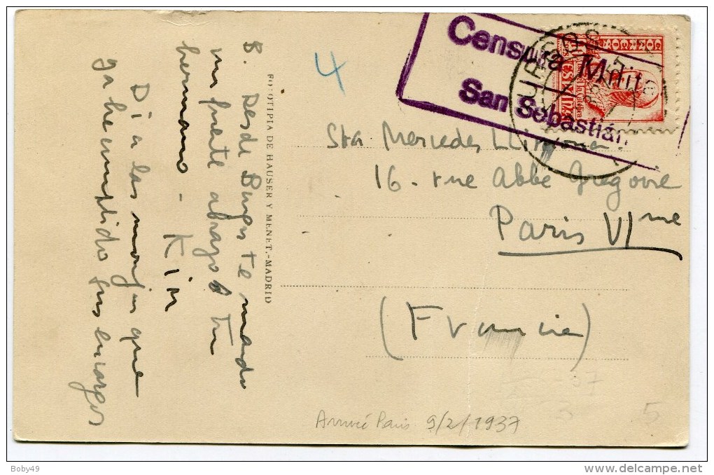 Marque    CENSURA MILITAR SAN SEBASTIAN  Sur C.P. Arrivée   Du 91/02/ 1937 - Marques De Censures Républicaines