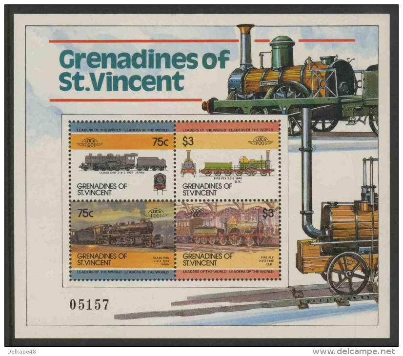 Grenadines Of St. Vincent 1985 B10 = Mi 367 + 370 ** Locomotives Class D50 2-8-2 (1923), Japan + “Fire Fly” (1840) - Treinen